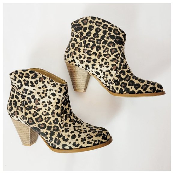 Rampage Ankle Booties Leopard Canvas Block Heel Animal Print Round Toe Boots - Picture 6 of 15
